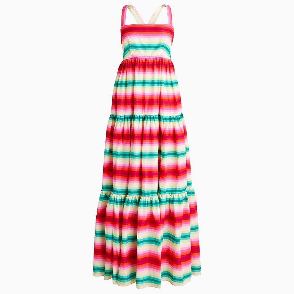 J Crew Tiered Maxi Dress in Striped Pink, Orange, Teal and Cream, 4